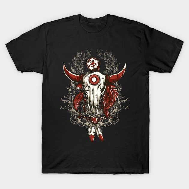 Zombie Bull Skull in Boho Style T-Shirt by XOZ